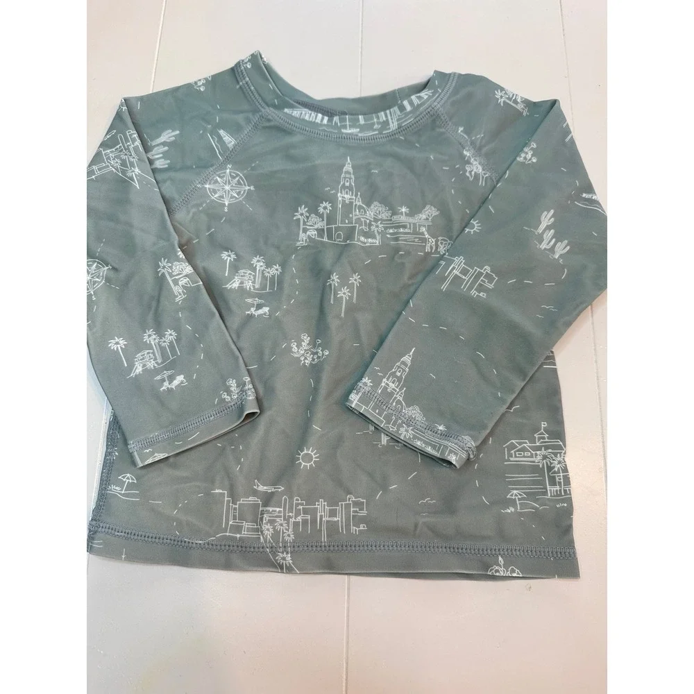 Rylee + Cru Swim Set Toddler 18-24M Sage Green Map Print  Long Sleeve Rashguard
